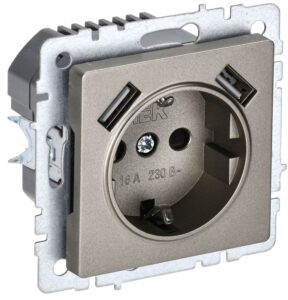 Розетка BRITE РЮш10-1-БрШ 16А с USB A+A 2.1А с заземл. защ. шторки механизм шампань IEK BR-R14-16-U21-D21-K37