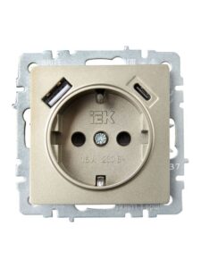Розетка BRITE РЮш11-1-БрШ 16А с USB A+C 18Вт с заземл. защ. шторки механизм шампань IEK BR-R14-16-U22-018-K37 — изображение 3