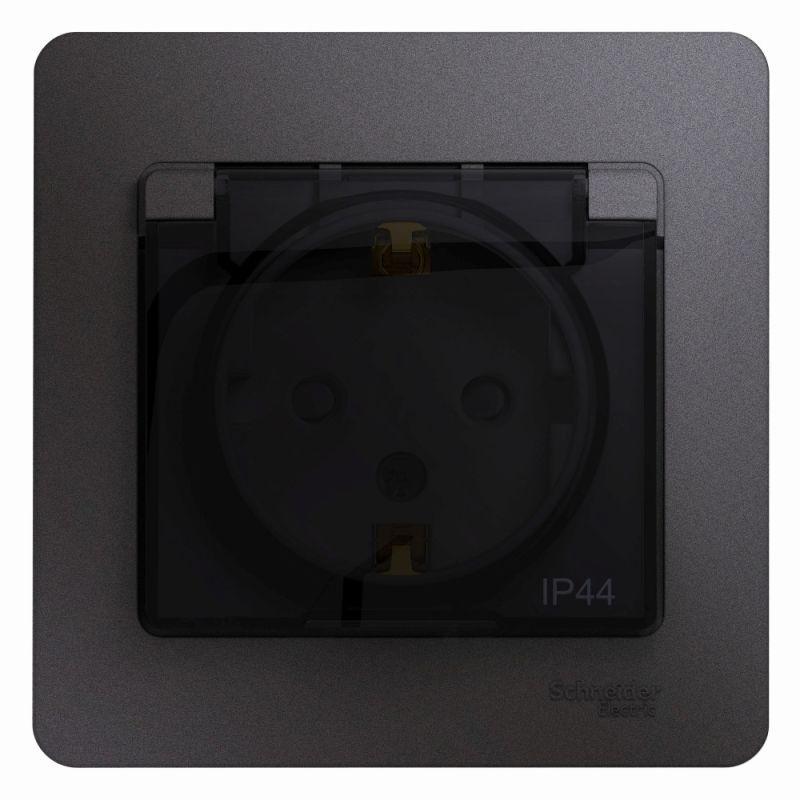 GSL001348_1.jpeg Розетка 1-м СП Glossa 16А IP44 250В с заземл. защ. шторки с крышкой в сборе графит SE GSL001348 — изображение 1