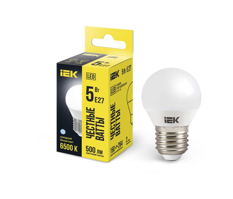 LLE-G45-5-230-65-E27_1.jpeg Лампа светодиодная G45 5Вт шар 6500К E27 230В IEK LLE-G45-5-230-65-E27 — изображение 1