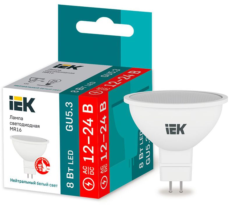 LLE-MR16-08-12-24-40-GU5_1.jpeg Лампа светодиодная 8Вт MR16 софит 4000К нейтр. бел. GU5.3 12-24В низковольтная IEK LLE-MR16-08-12-24-40-GU5 — изображение 1