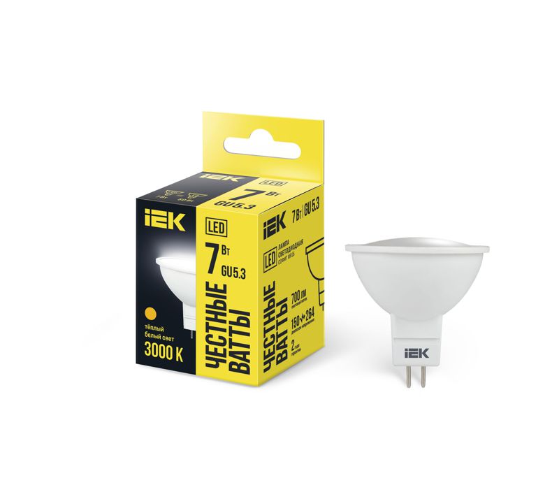 LLE-MR16-7-230-30-GU5_1.jpeg Лампа светодиодная MR16 7Вт 3000К тепл. бел. GU5.3 630лм 230-240В IEK LLE-MR16-7-230-30-GU5 — изображение 1