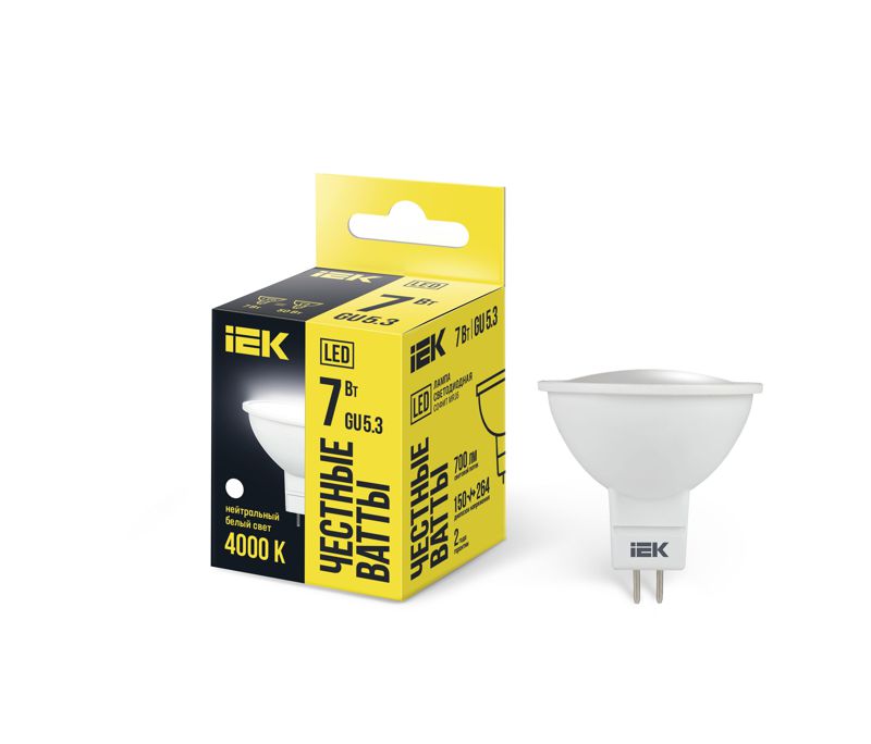 LLE-MR16-7-230-40-GU5_1.jpeg Лампа светодиодная 7Вт MR16 софит 4000К нейтр. бел. GU5.3 630лм 230-240В IEK LLE-MR16-7-230-40-GU5 — изображение 1