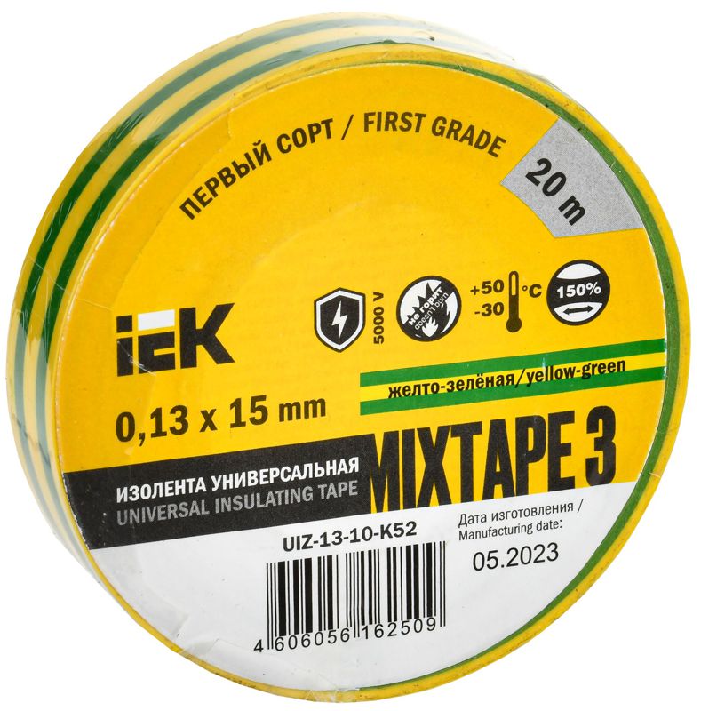 UIZ-13-10-K52_1.jpeg Изолента ПВХ 0.13х15мм (рул.20м) желт./зел. IEK UIZ-13-10-K52 — изображение 1