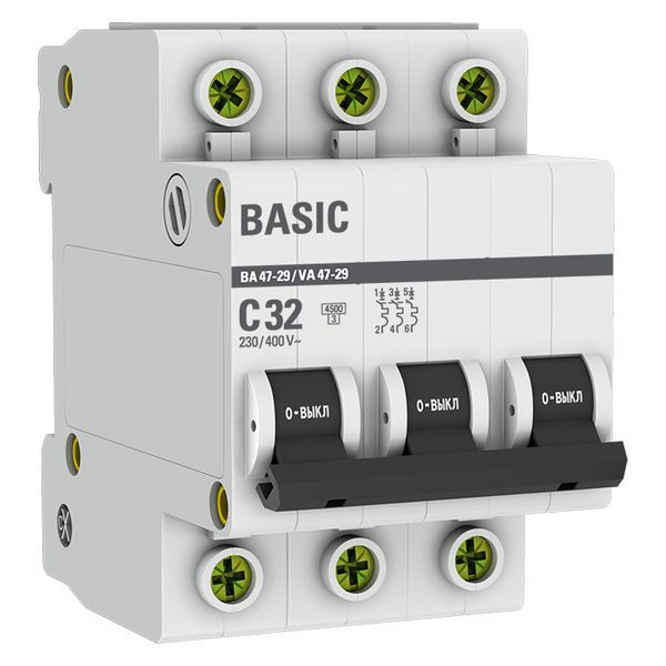 mcb4729-3-32C_1.jpeg Выключатель автоматический модульный 3п C 32А 4.5кА ВА 47-29 Basic EKF mcb4729-3-32C — изображение 1